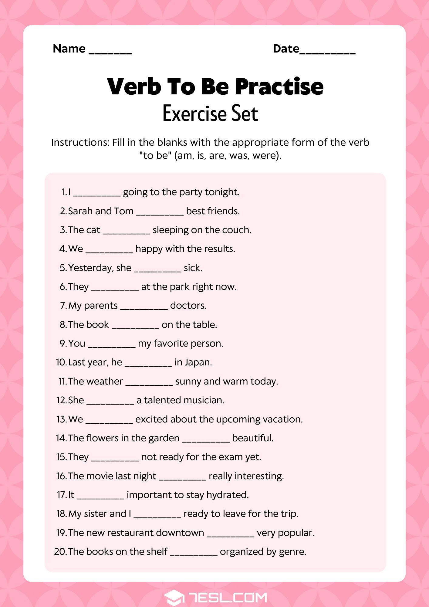 Verb to Be Worksheets and Exercises 1