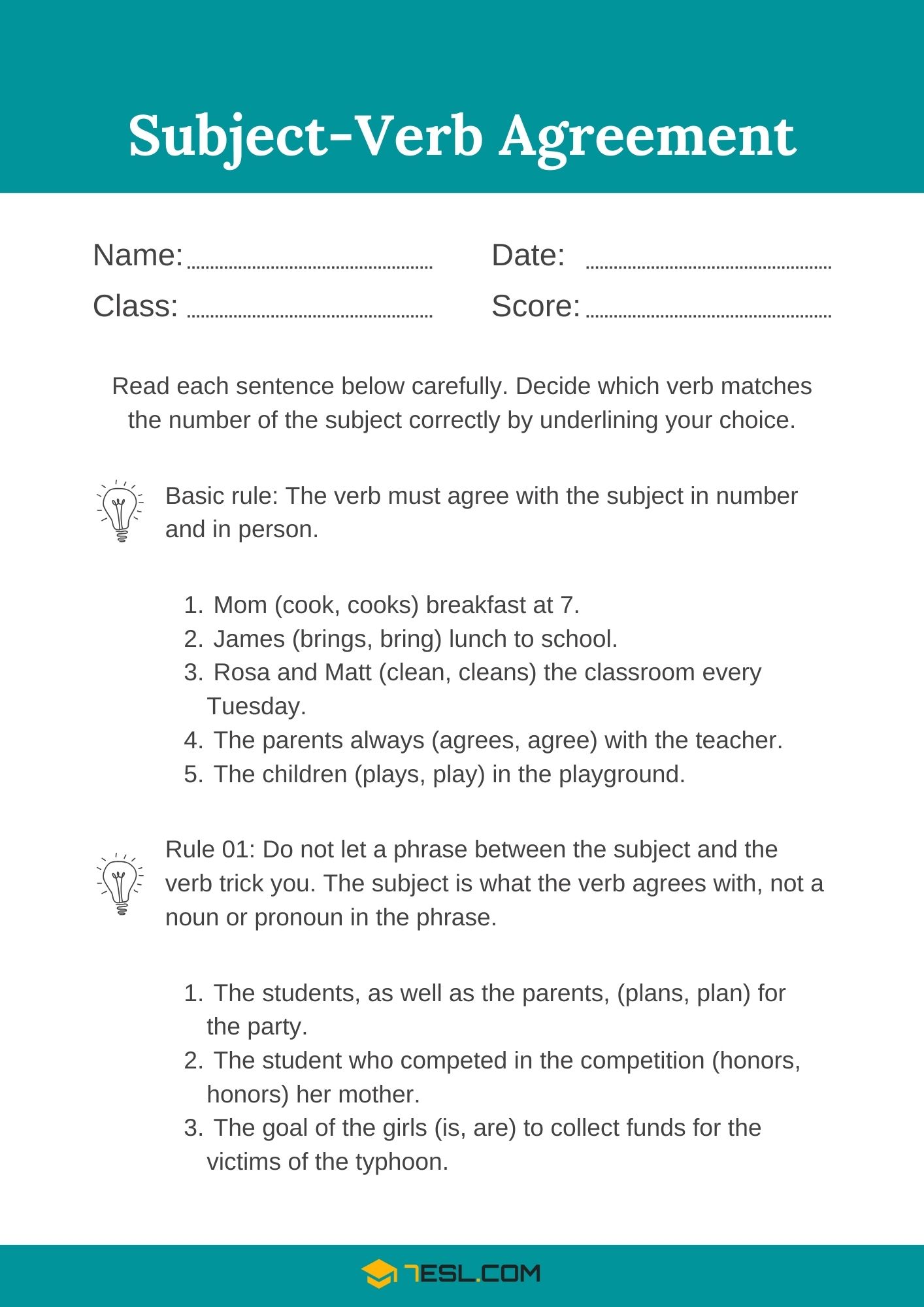 Subject Verb Agreement Worksheets and Exercises 1