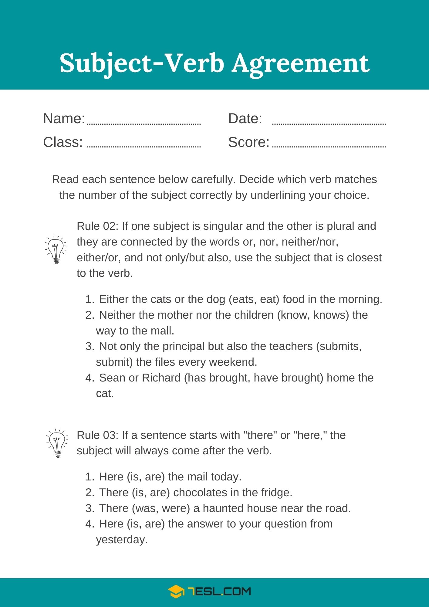 Subject Verb Agreement Worksheets and Exercises 2