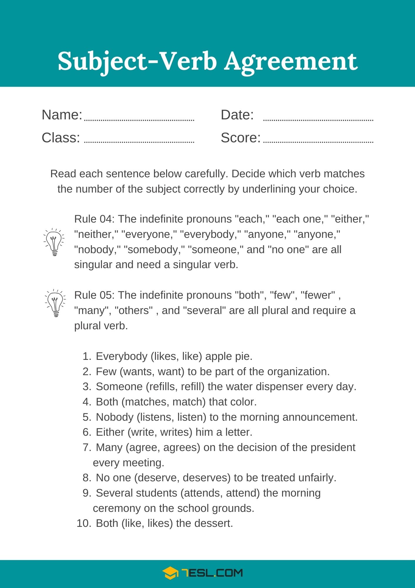Subject Verb Agreement Worksheets and Exercises 3