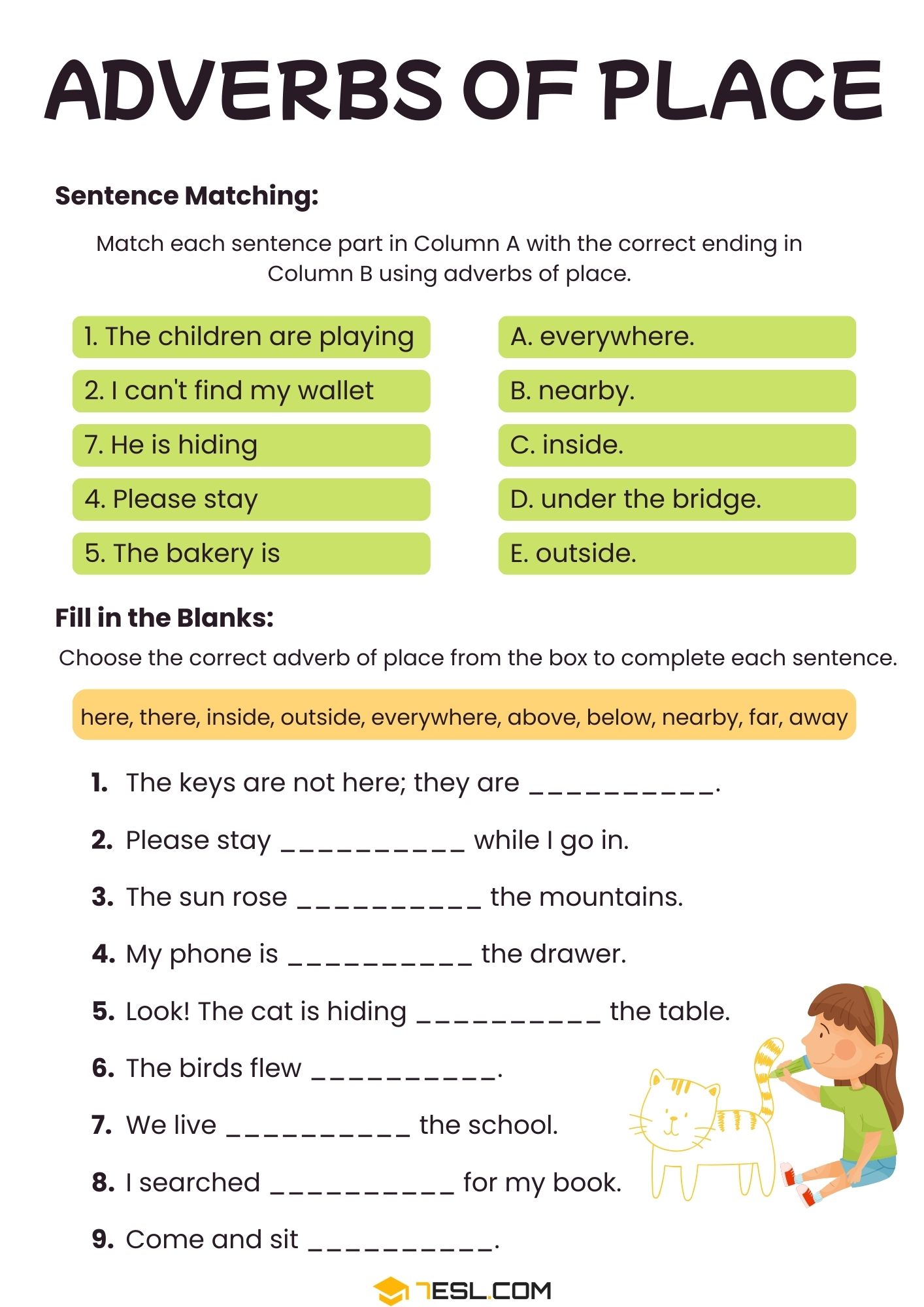 Adverbs of Place Grammar Worksheet