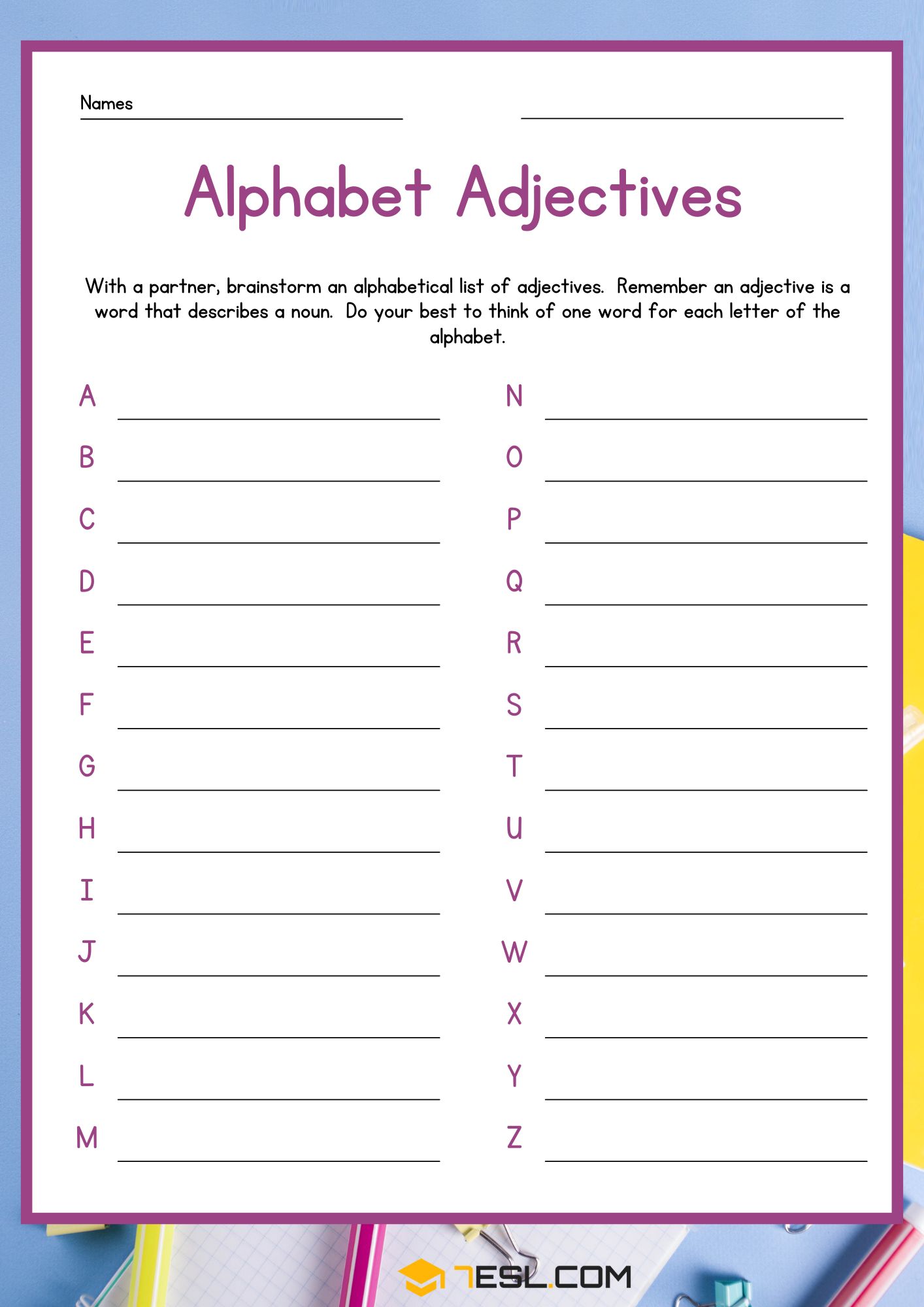 Alphabet Adjectives Worksheet