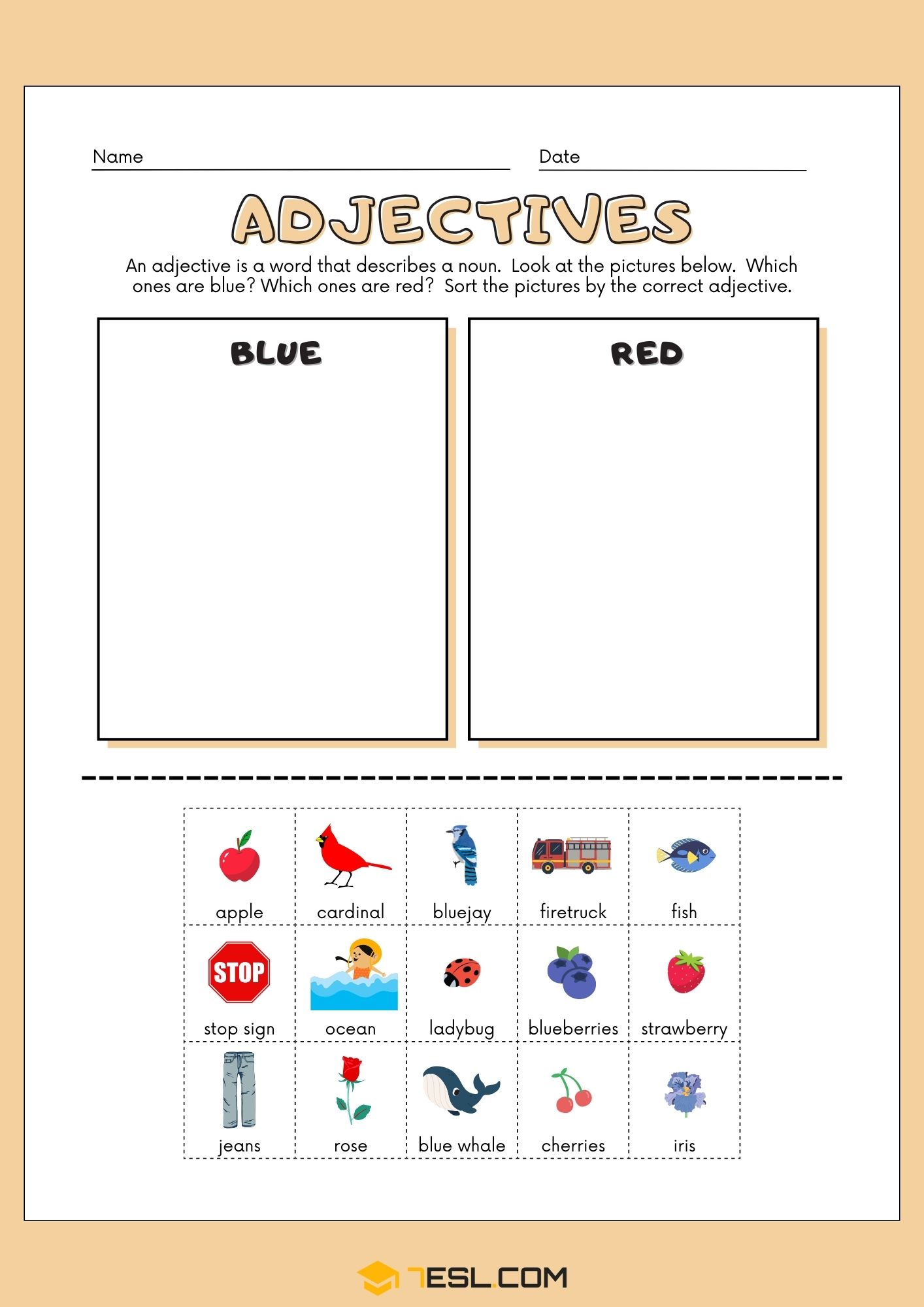 Blue-Red Adjectives Sorting Worksheet