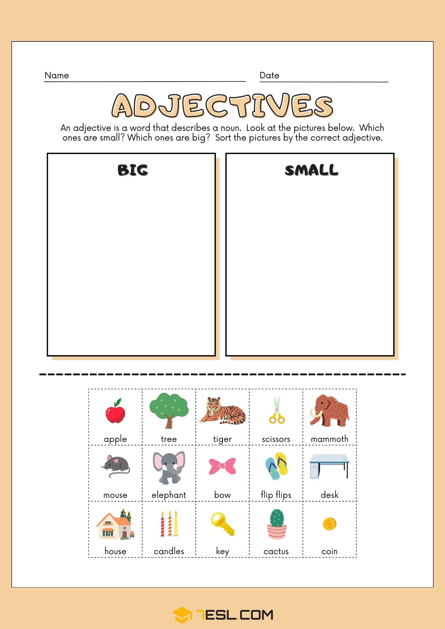 Big-Small Adjectives Sorting Worksheet