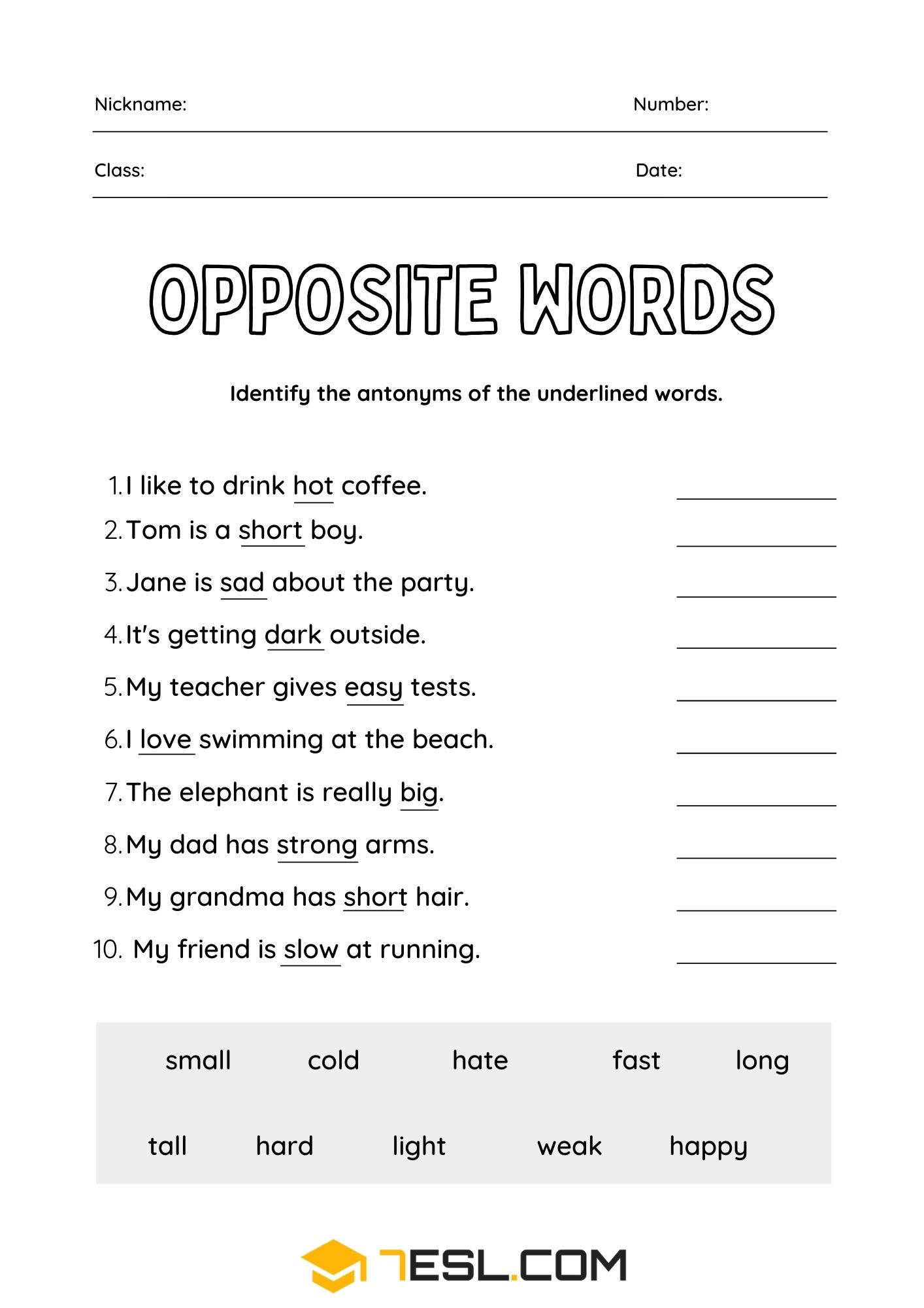 Opposite Words Worksheets for English Learners 6