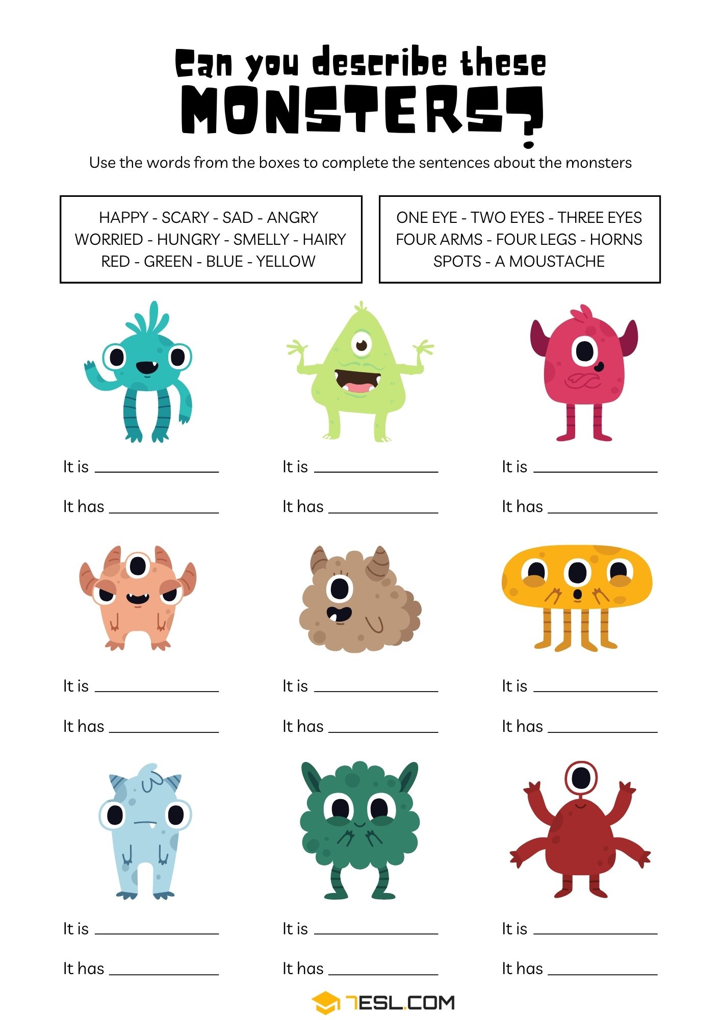 Colorful Describe The Monsters Worksheet