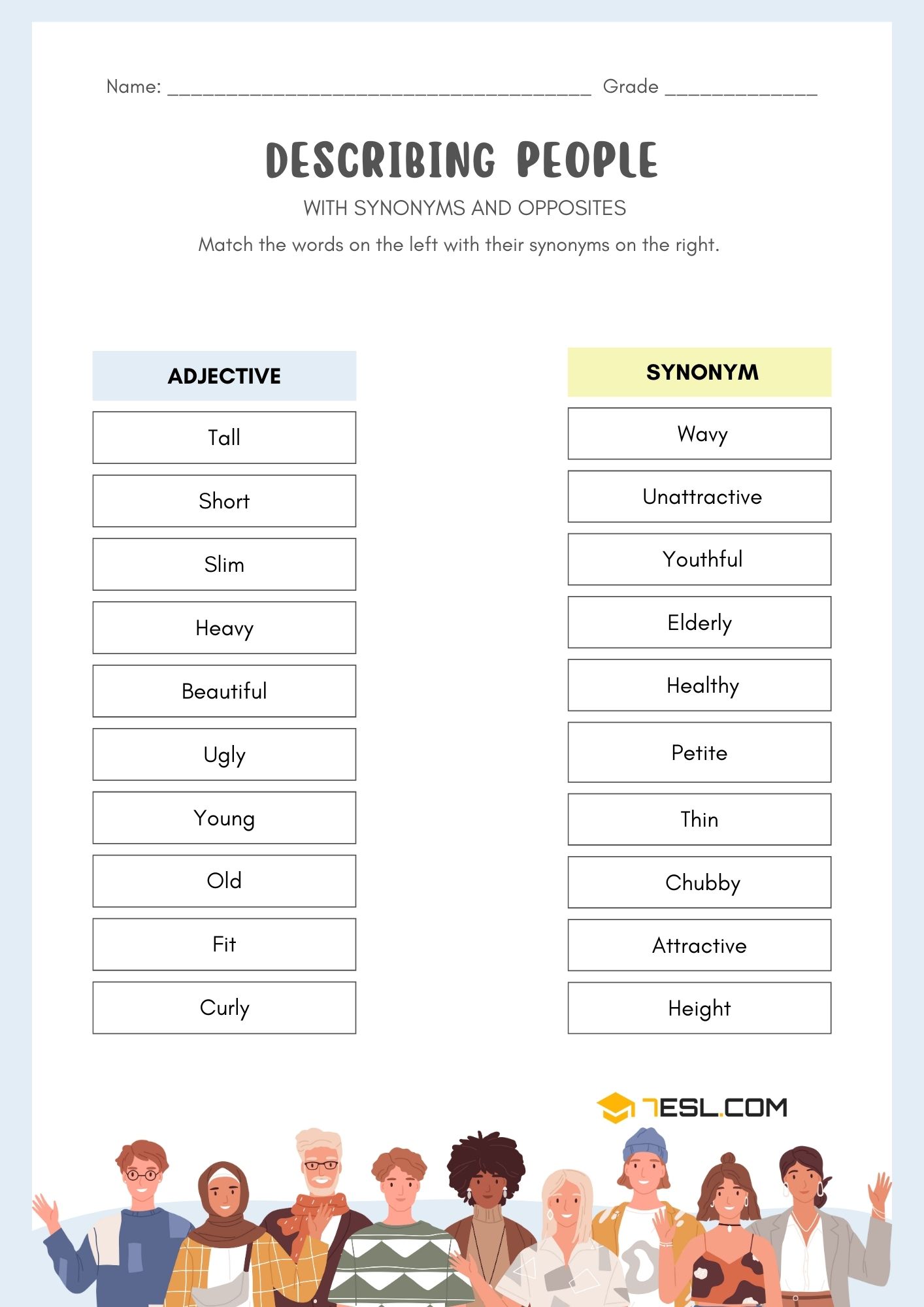 Describing People Adjectives Synonyms Worksheet