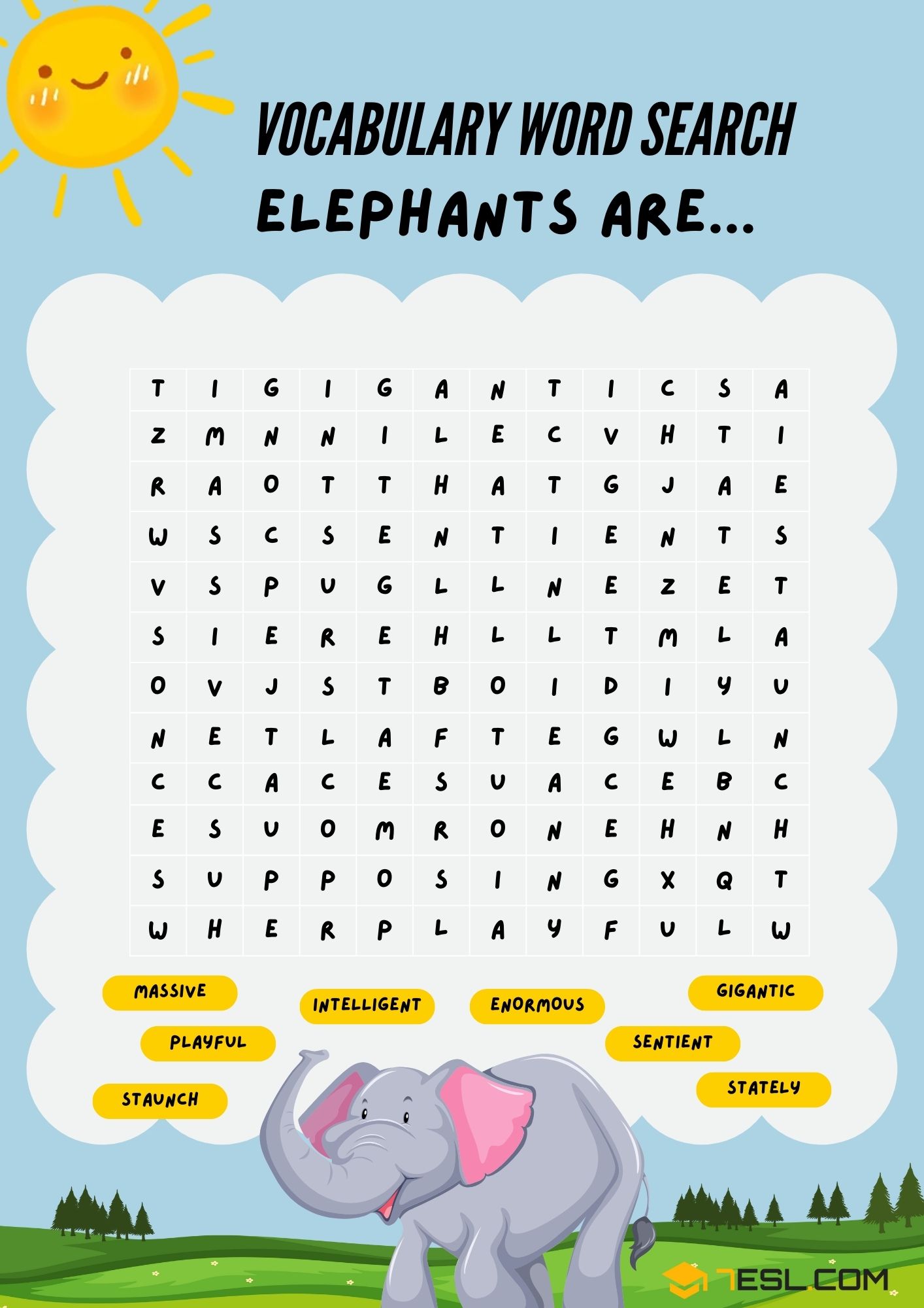 Elephants Vocabulary Word Search Worksheet