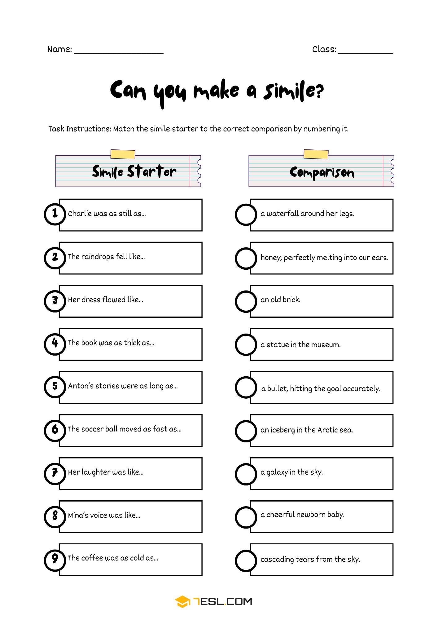 Printable Simile Worksheets 1