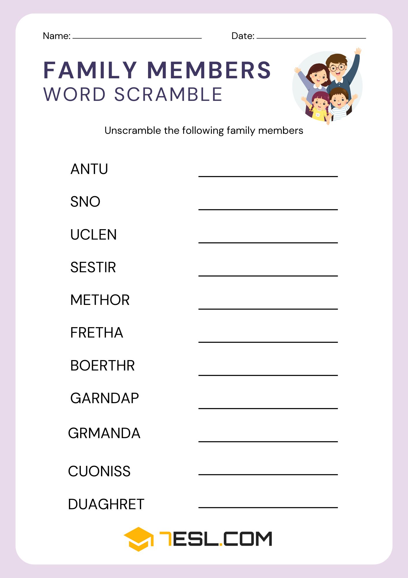 Family Worksheets for Learning English 5