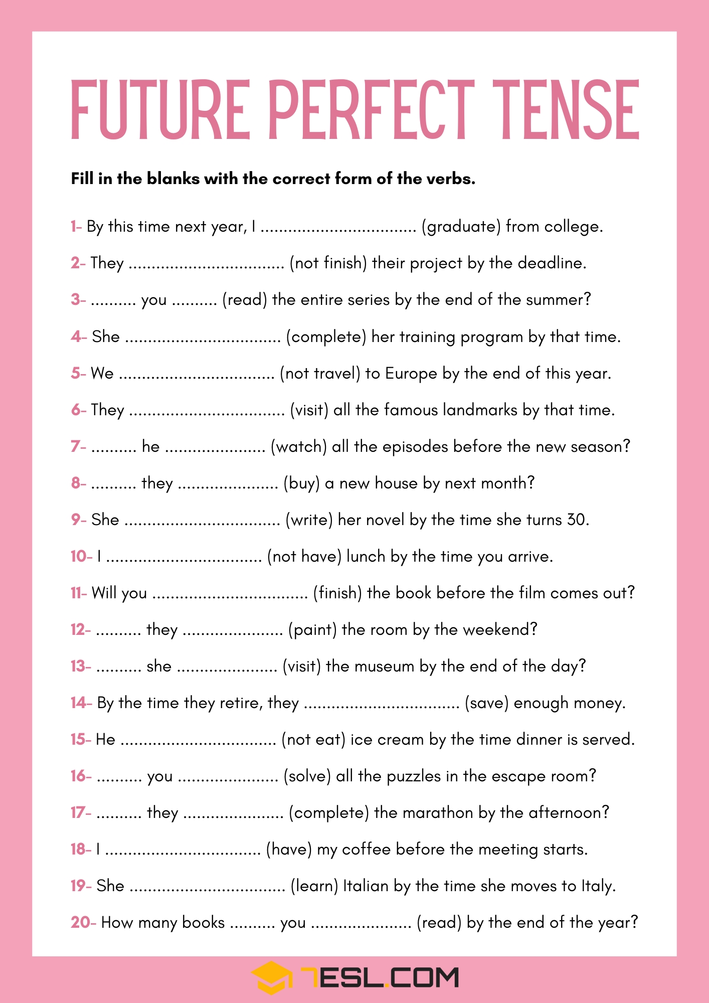 Future Perfect Tense Exercises and Worksheets 1