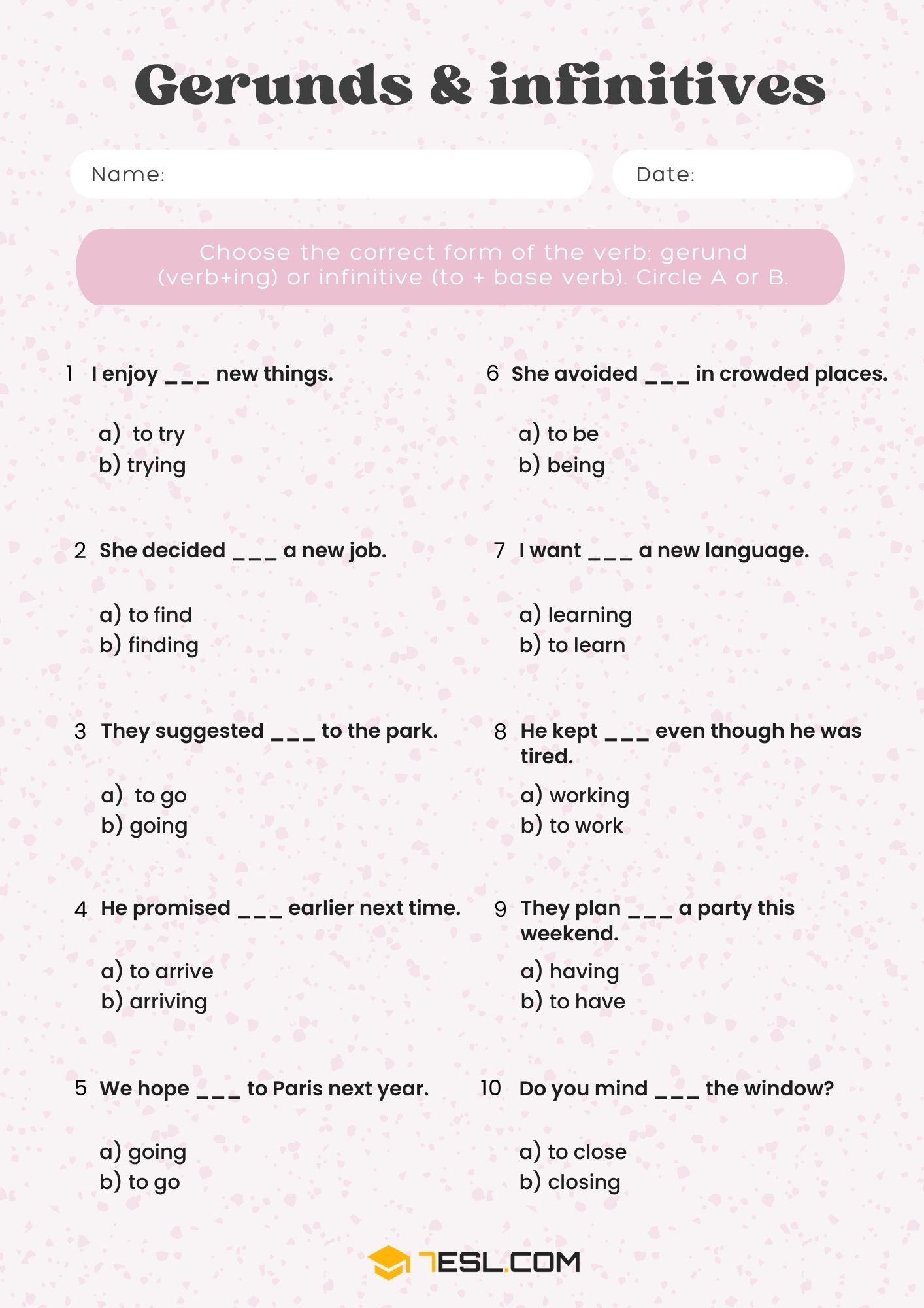 Gerund and Infinitive Worksheets and Exercises 1