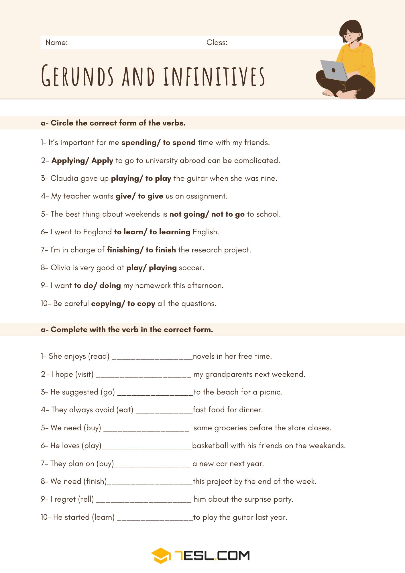 Gerund and Infinitive Worksheets and Exercises 2