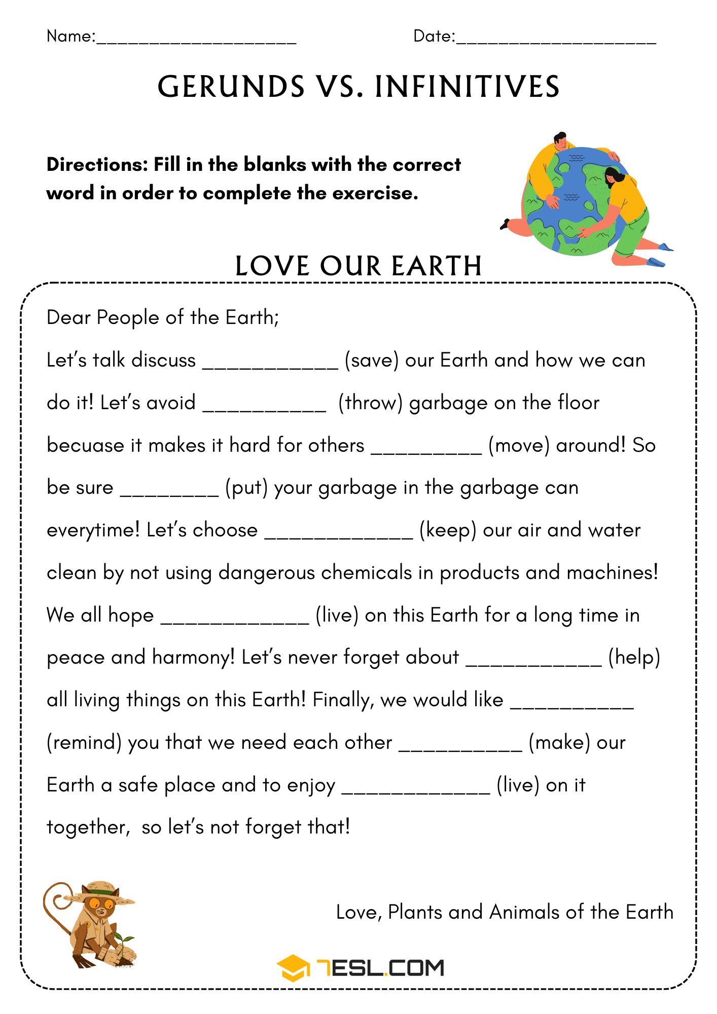 Gerund and Infinitive Worksheets and Exercises 3