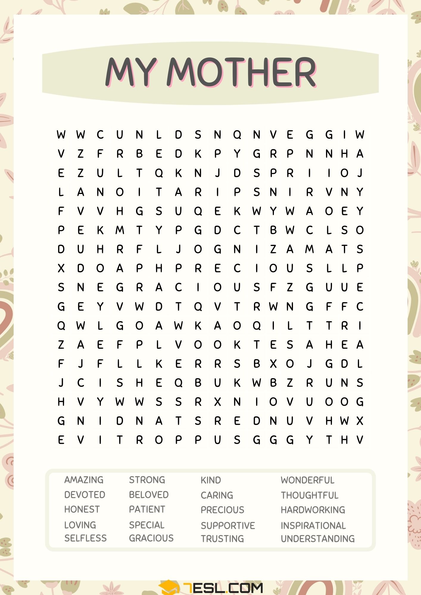 My Mother Word Search Vocabulary Worksheet