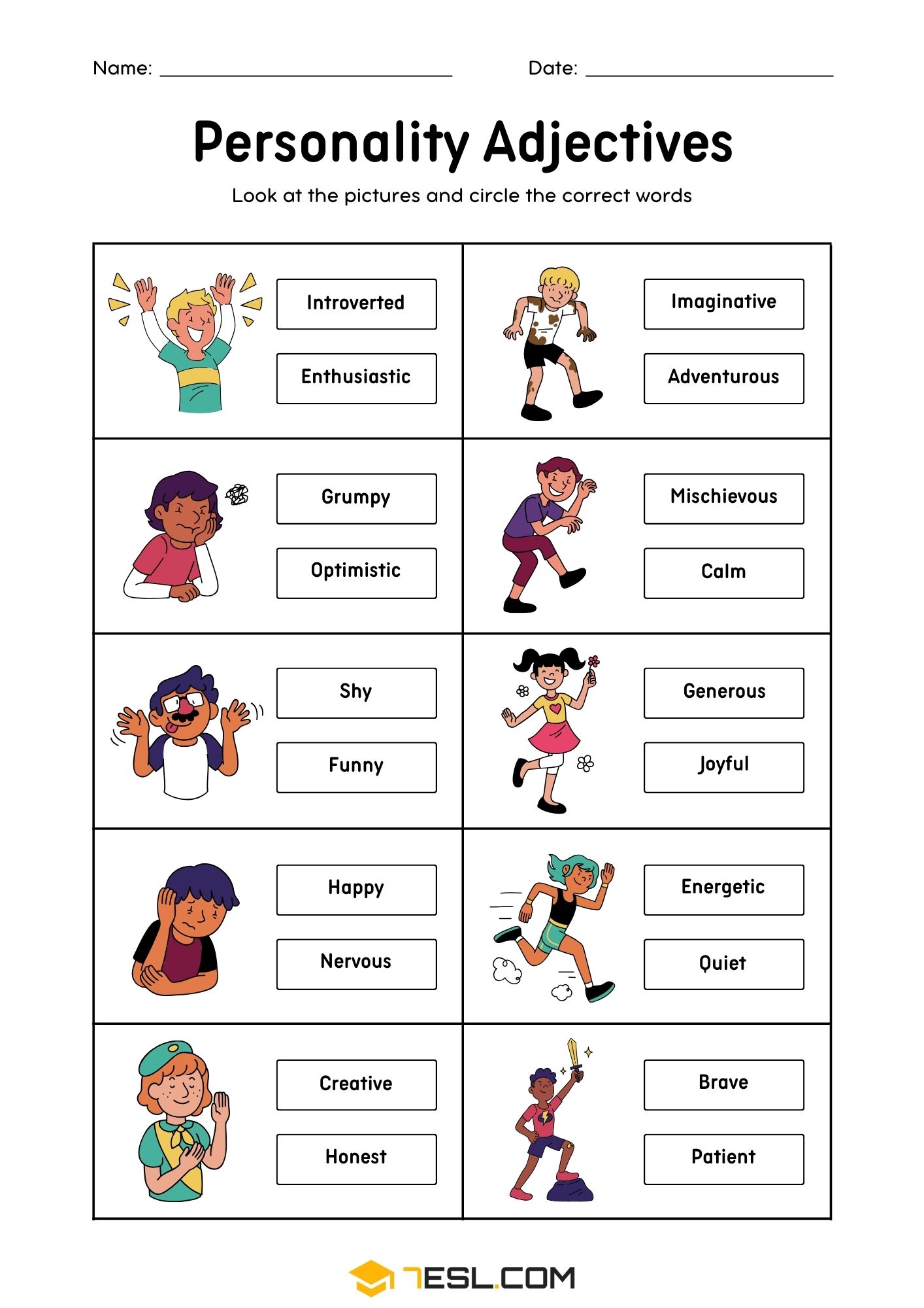 Personality Adjectives Vocabulary Worksheet