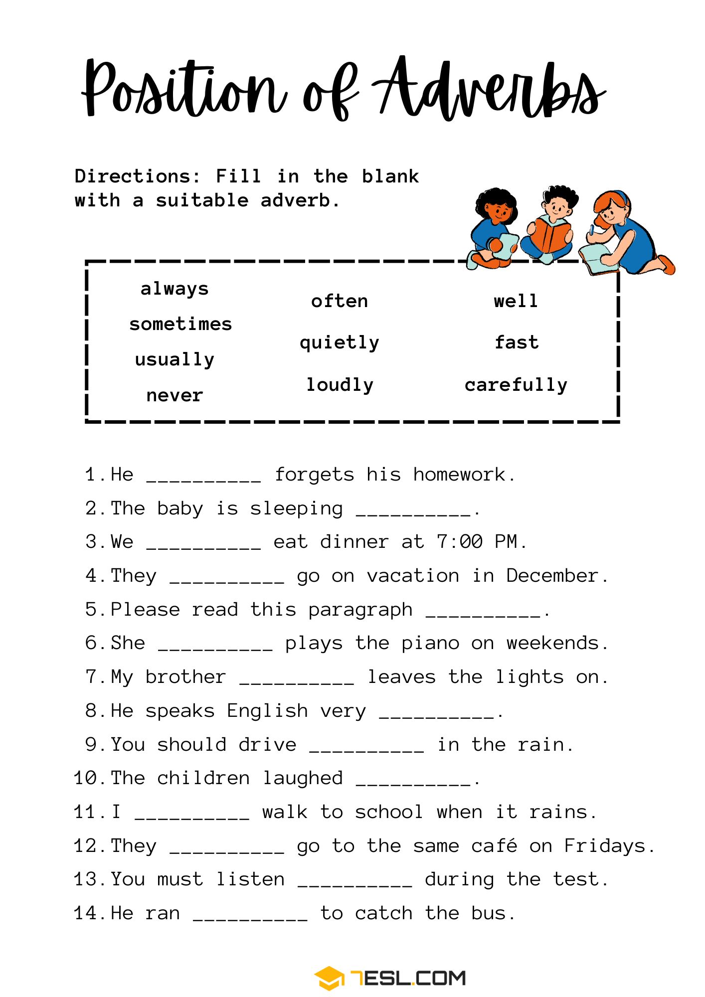 Position of Adverbs Worksheets