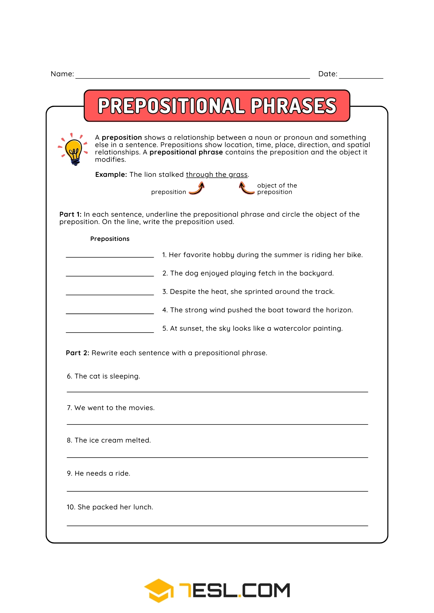 Prepositional Phrases Exercises and Worksheets 1
