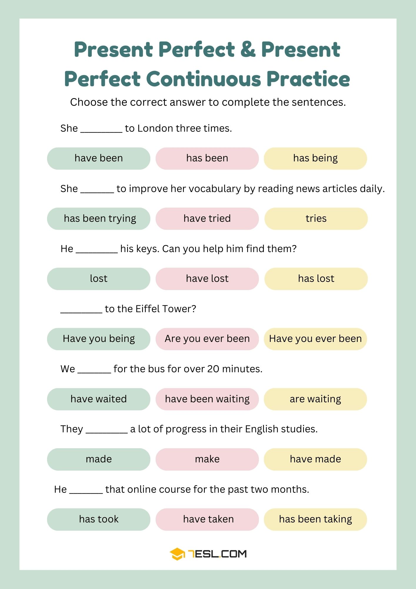 Present Perfect & Present Perfect Continuous Worksheets and Exercises 3