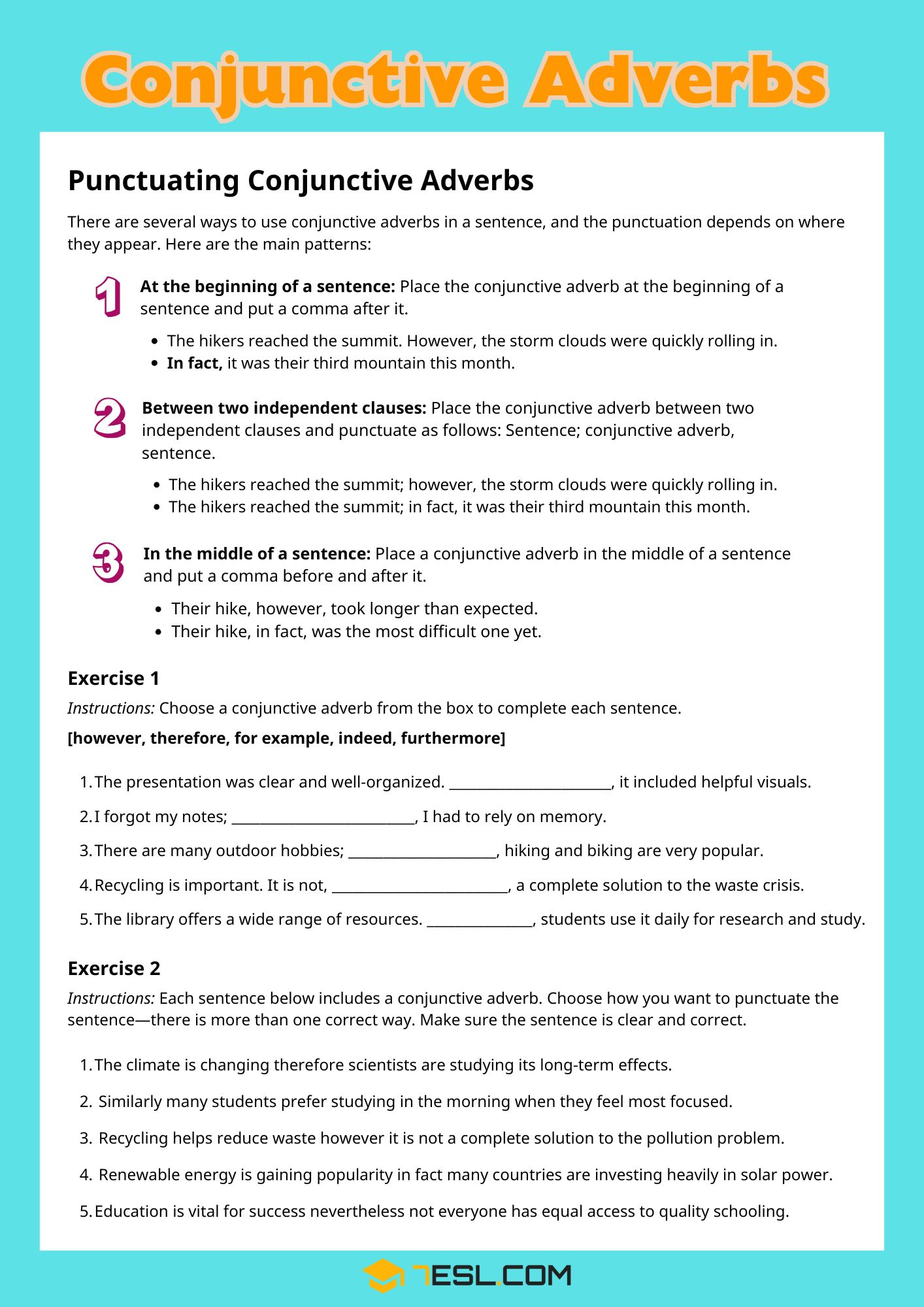 Conjunctive Adverbs Worksheets and Exercises 1