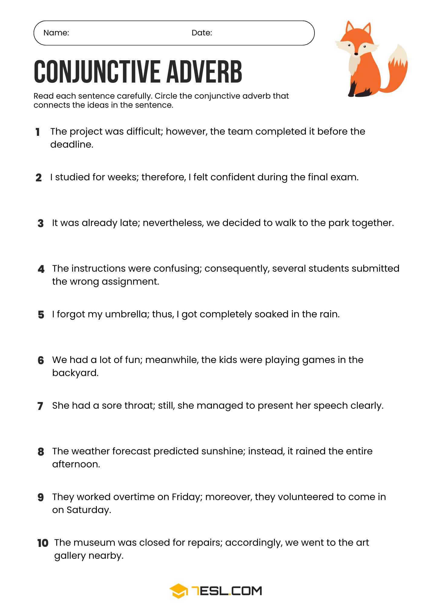 Conjunctive Adverbs Worksheets and Exercises 2