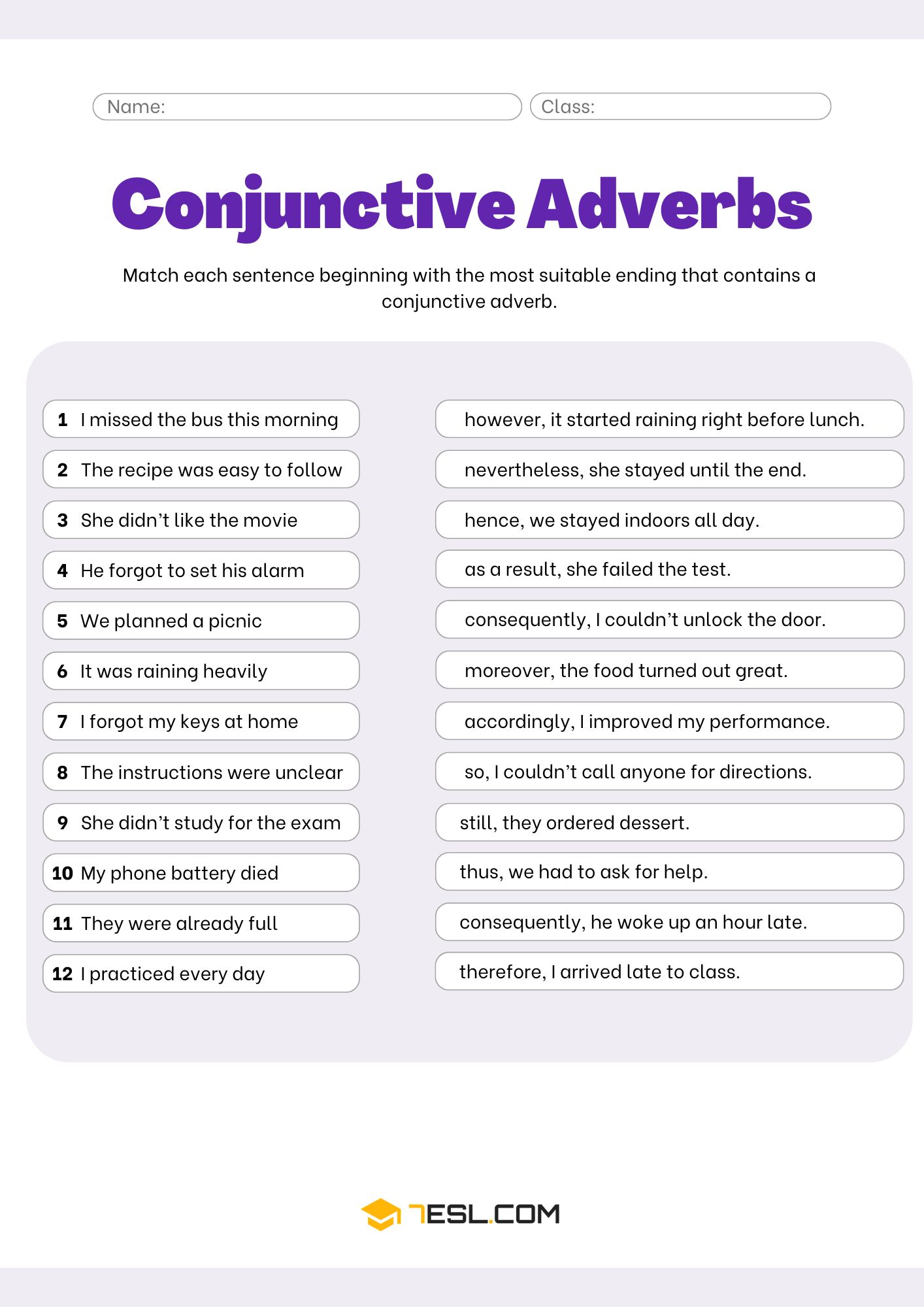 Conjunctive Adverbs Worksheets and Exercises 3