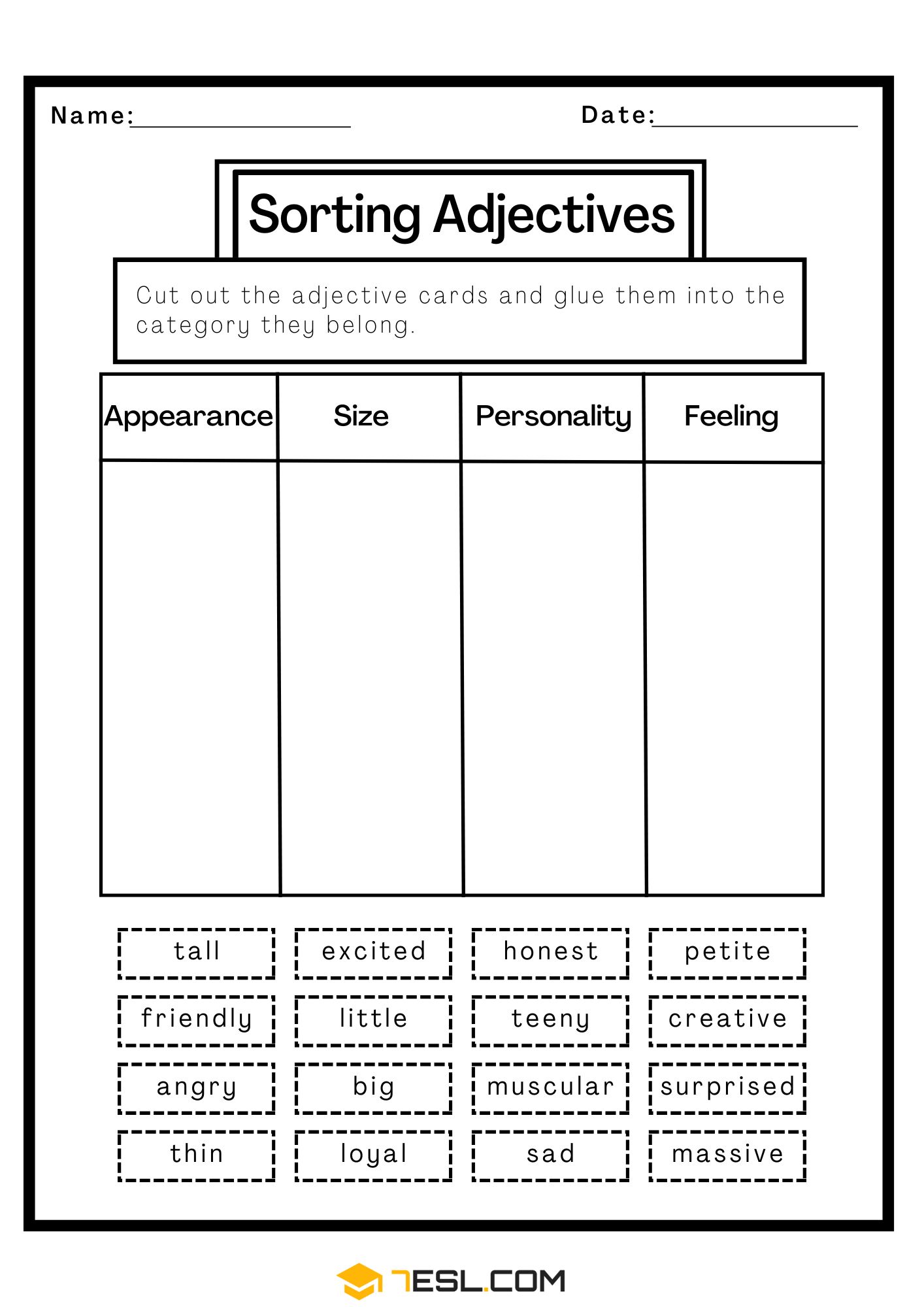 Sorting Adjectives Educational Worksheet