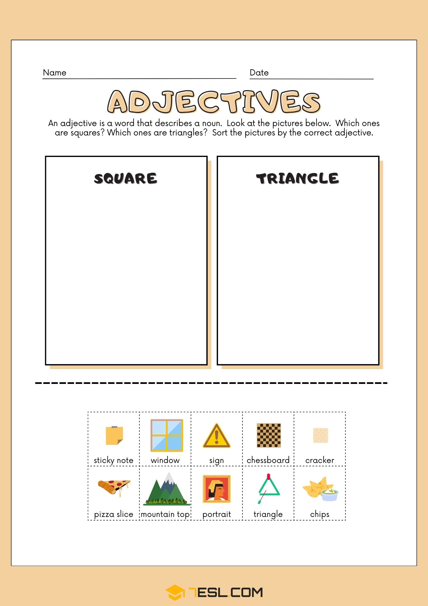 Square-Triangle Adjectives Sorting Worksheet