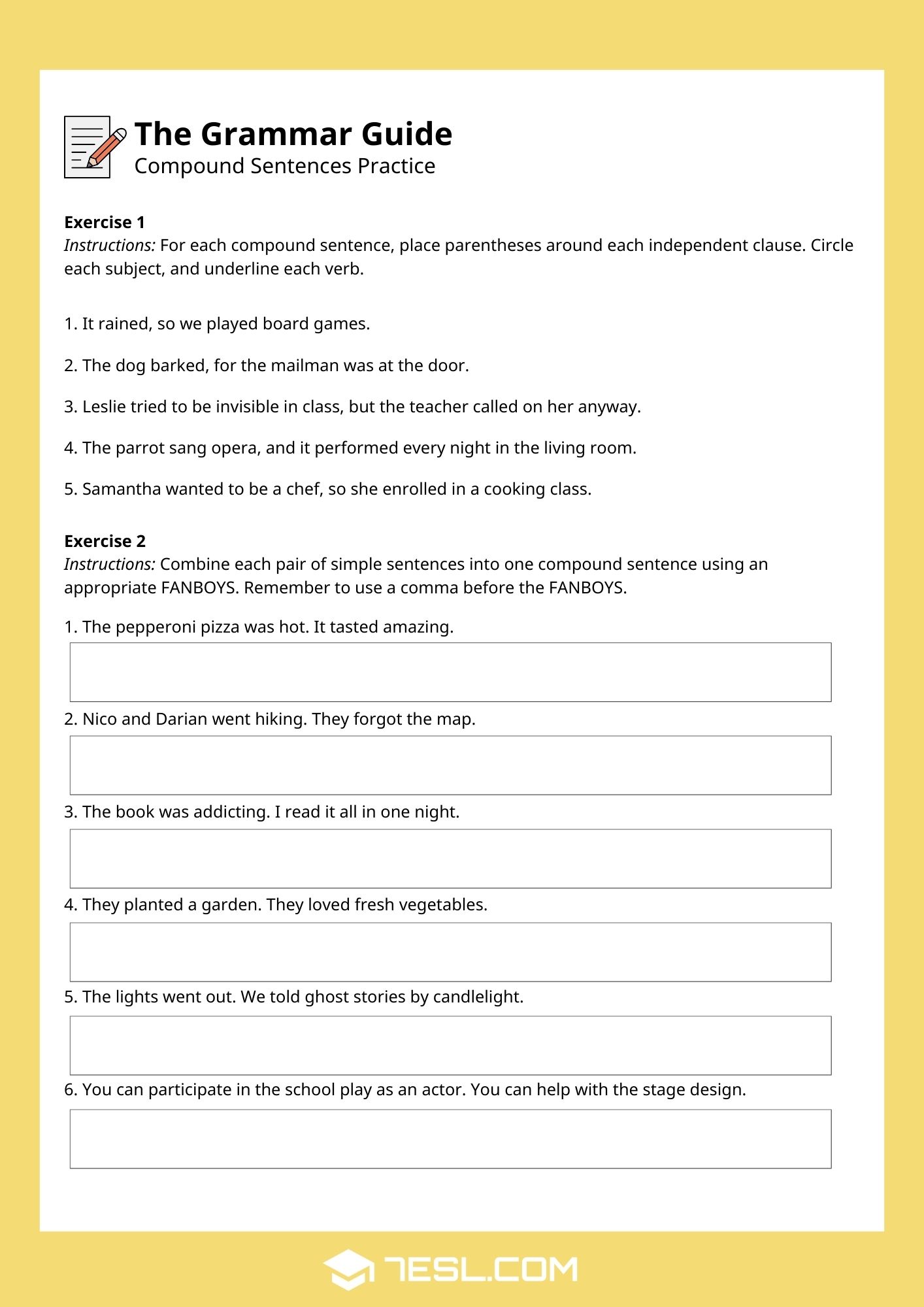 Compound Sentence Worksheets and Exercises 7
