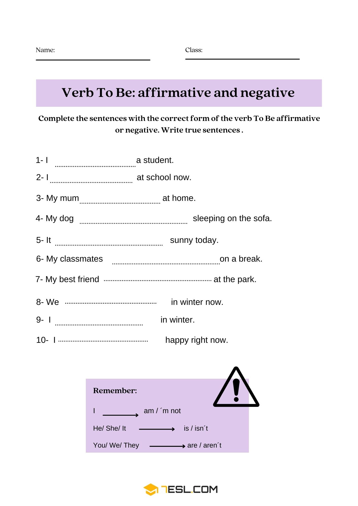 Verb to Be Worksheets and Exercises 6