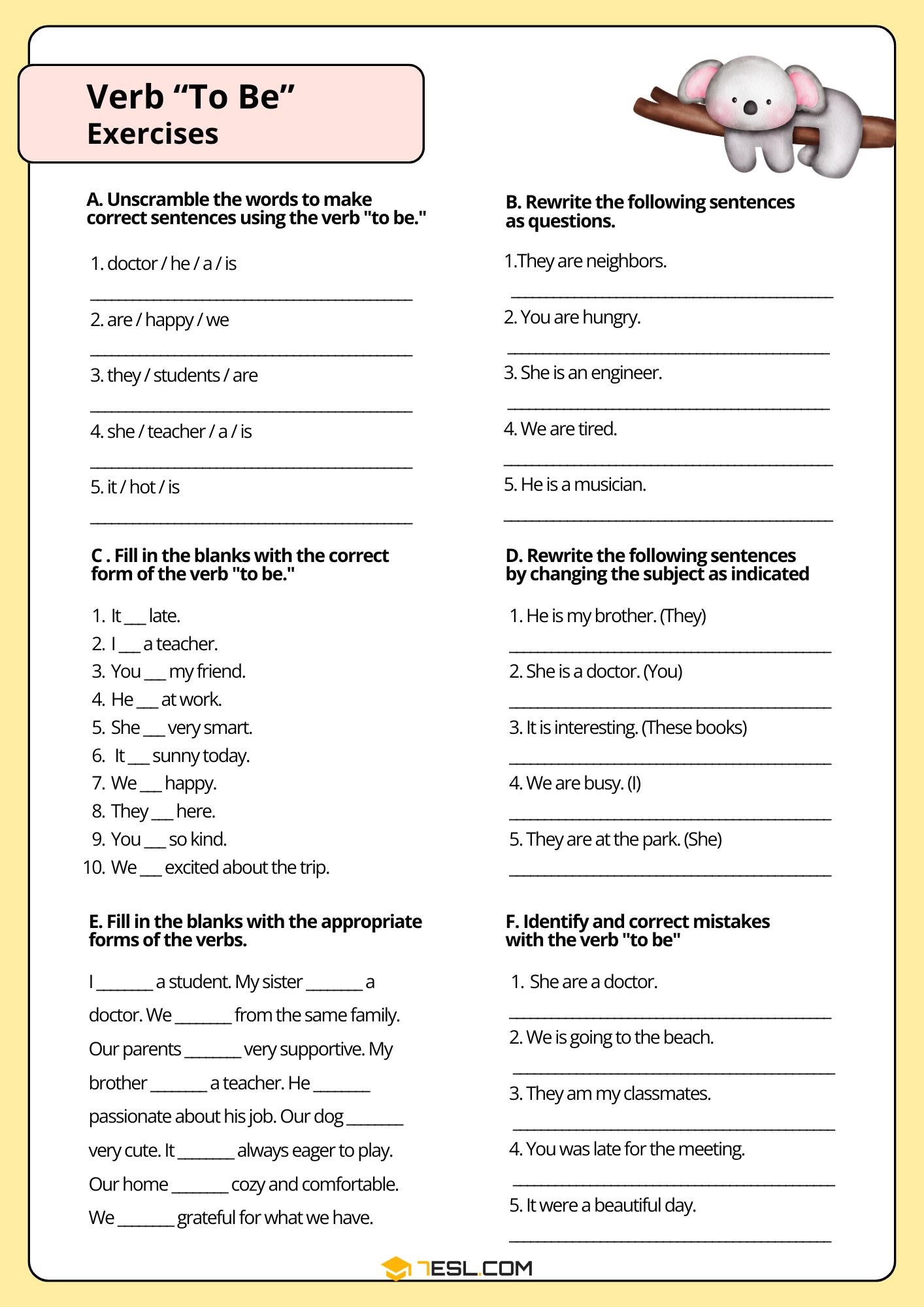 Verb to Be Worksheets and Exercises 7